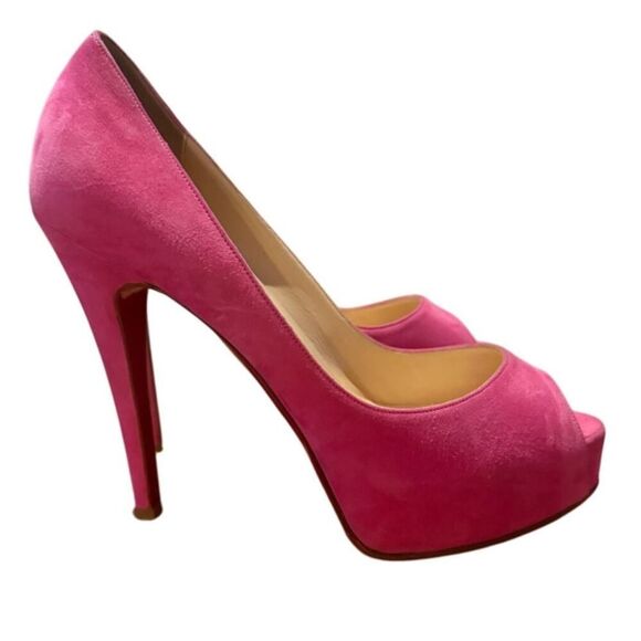 *BOGO FREE* Christian Louboutin Pink Prive Open Toe Velvet Pumps - Picture 3 of 12